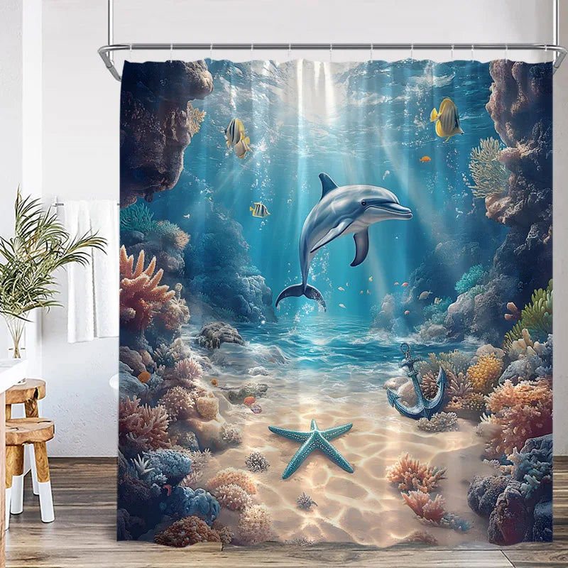 A waterproof shower curtain featuring an underwater scene with dolphins, sea turtles, and coral reefs.