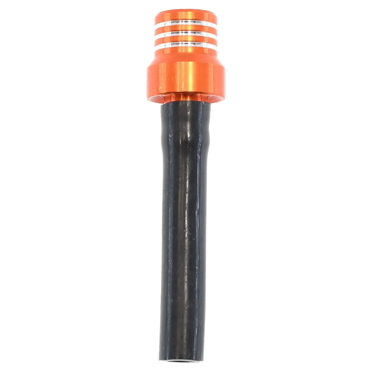 A motorcycle fuel tank breather valve with an orange top and black cylindrical body.