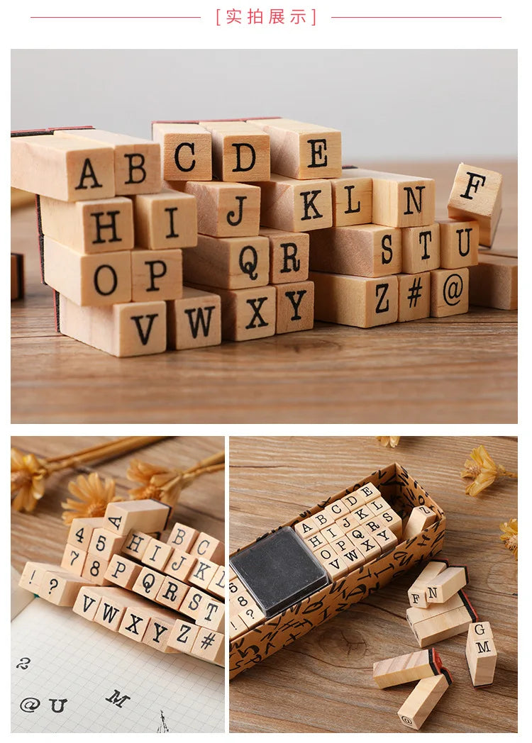 Vintage Wooden Rubber Stamp Set with Ink Pad