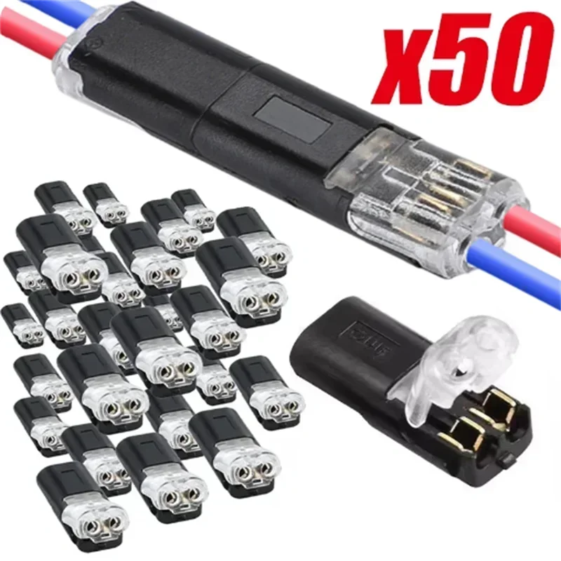 A black electrical connector with red and blue wires, along with multiple 2-pin compact electrical terminals.