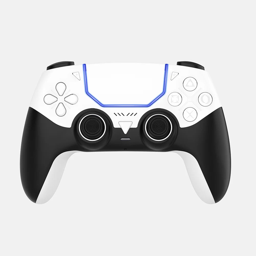 A white and black wireless gaming controller with blue accents shown from the top view.