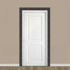 White door with a dark decorative frame mounted on a beige wall.