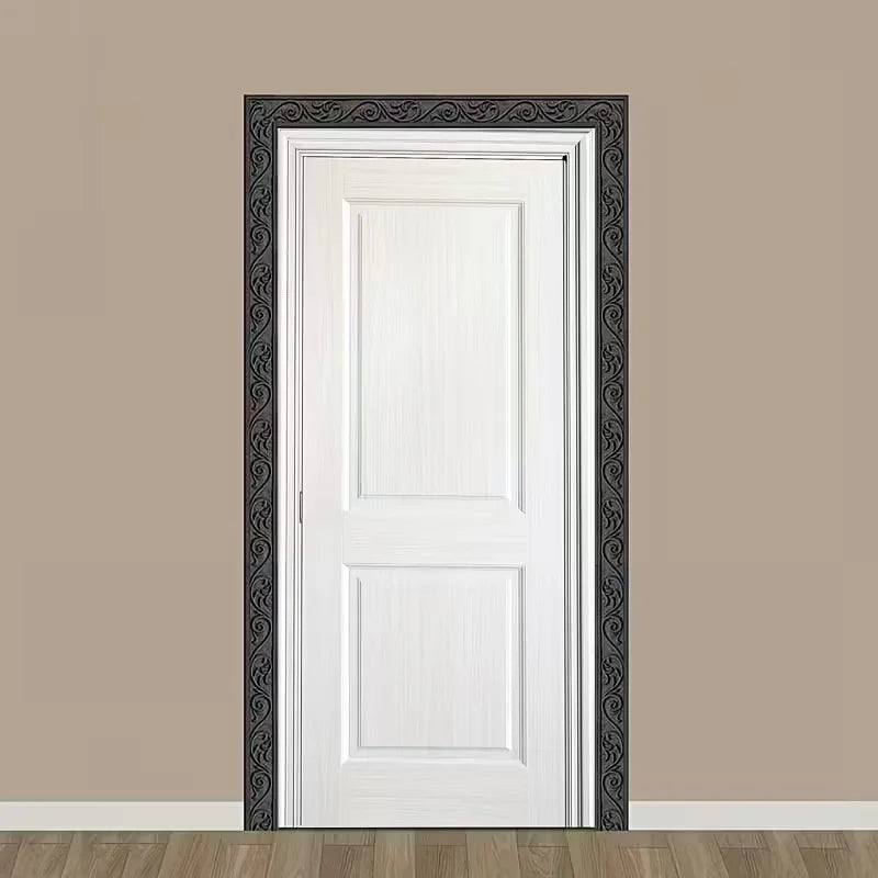 White door with a dark decorative frame mounted on a beige wall.