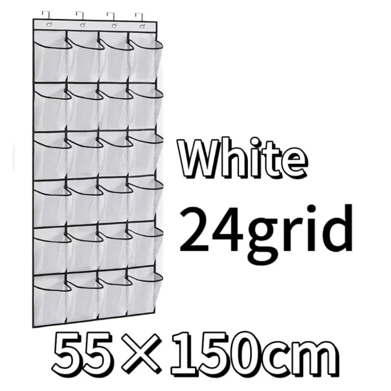 White 24grid over-the-door mesh shoe organizer with hanging pockets measuring 55x150cm