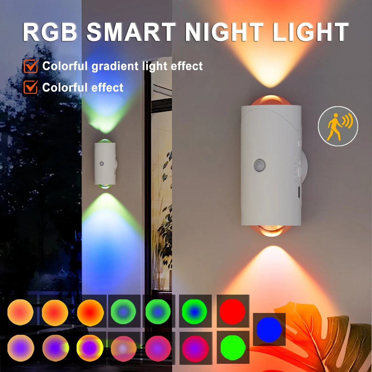A white rechargeable motion sensor RGB smart night light illuminating a colorful gradient effect on a wall.