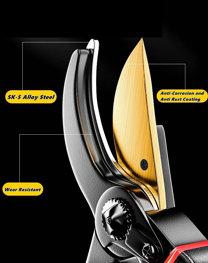 Close-up of precision pruning shears featuring an anti-corrosion coating on the blade and a black handle.