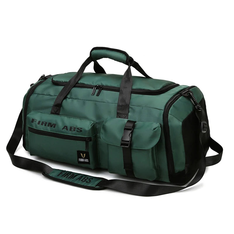 A dark green tactical nylon backpack with black straps and buckles.