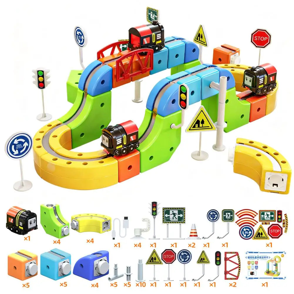 A set of STEM electric train building blocks with rechargeable engines and various track components.