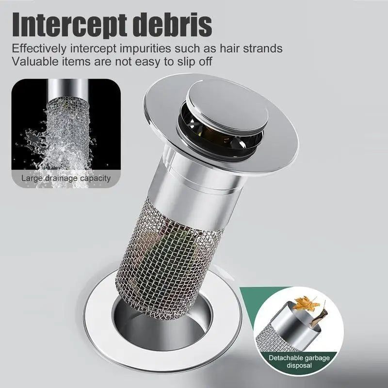 Stainless steel pop-up drain filter and sink stopper with a mesh insert for debris interception