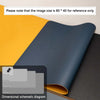 A dark blue premium PU leather desk mat shown in a close-up view with various size options displayed.