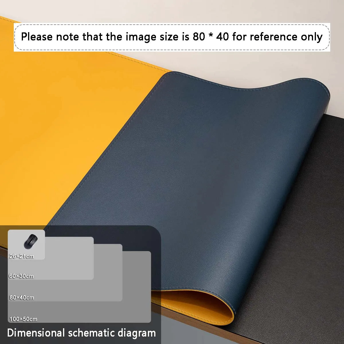 A dark blue premium PU leather desk mat shown in a close-up view with various size options displayed.