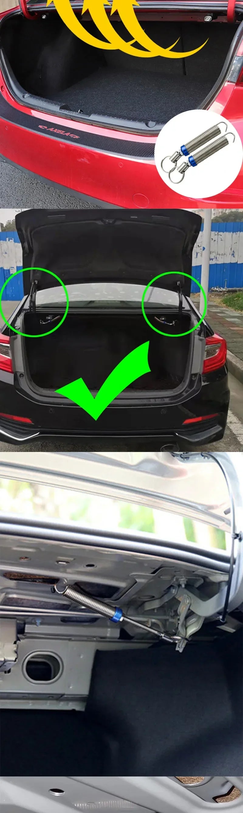 A close-up view of a car trunk with an installed universal adjustable lift spring kit.