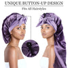 Purple satin sleep bonnet with a unique button-up design shown on a model's head