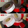 Rolls of DOT-certified reflective safety tape in red and silver colors shown under night and day lighting effects.