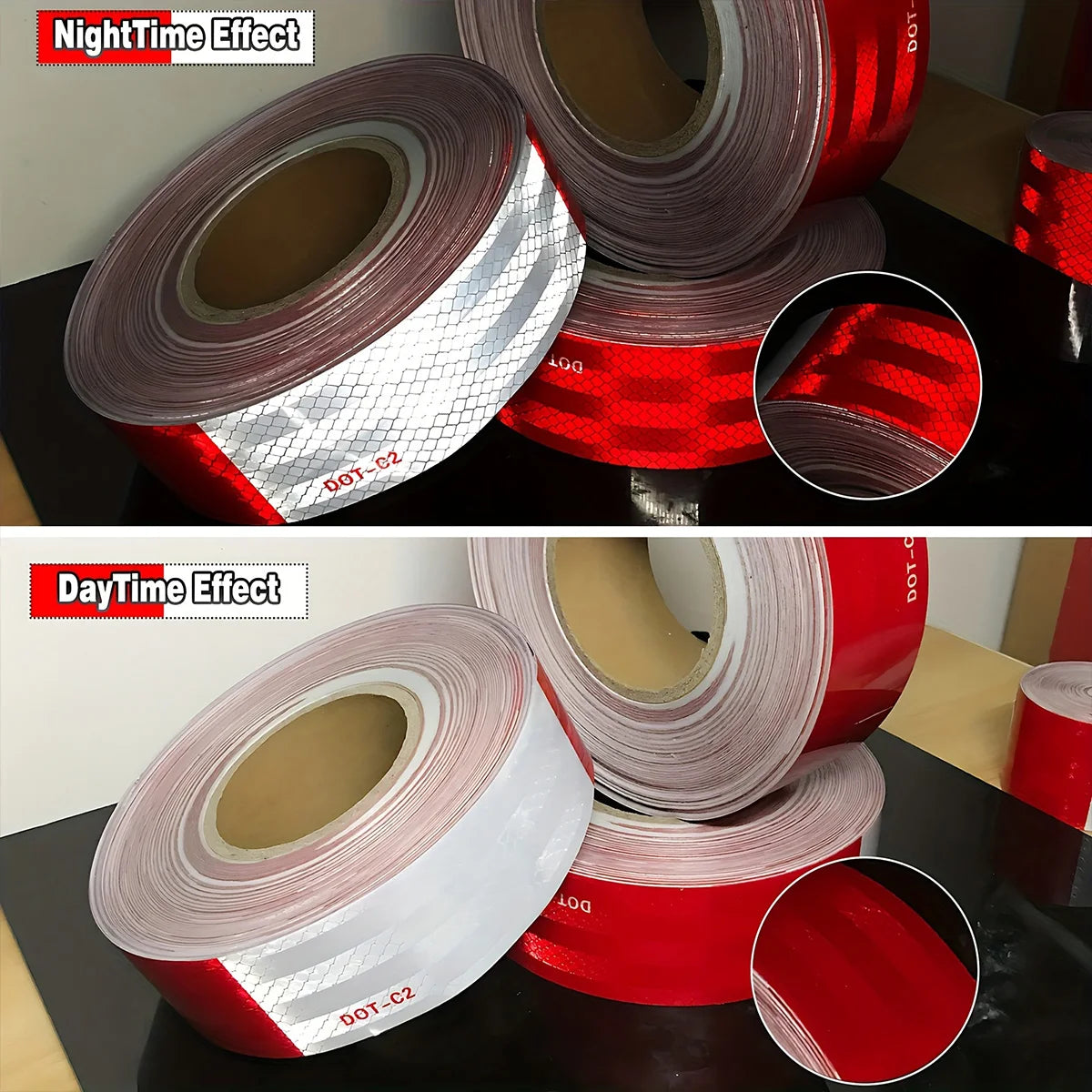 Rolls of DOT-certified reflective safety tape in red and silver colors shown under night and day lighting effects.