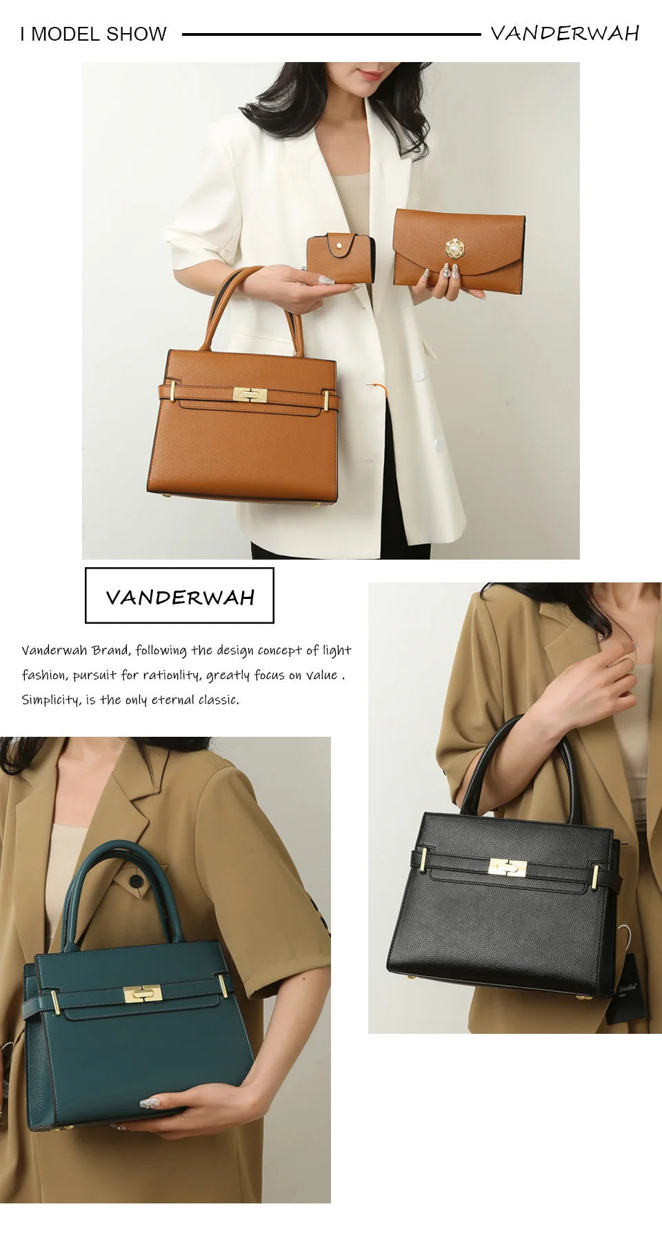 A model holds a brown leather handbag and a matching coin purse against a light background.