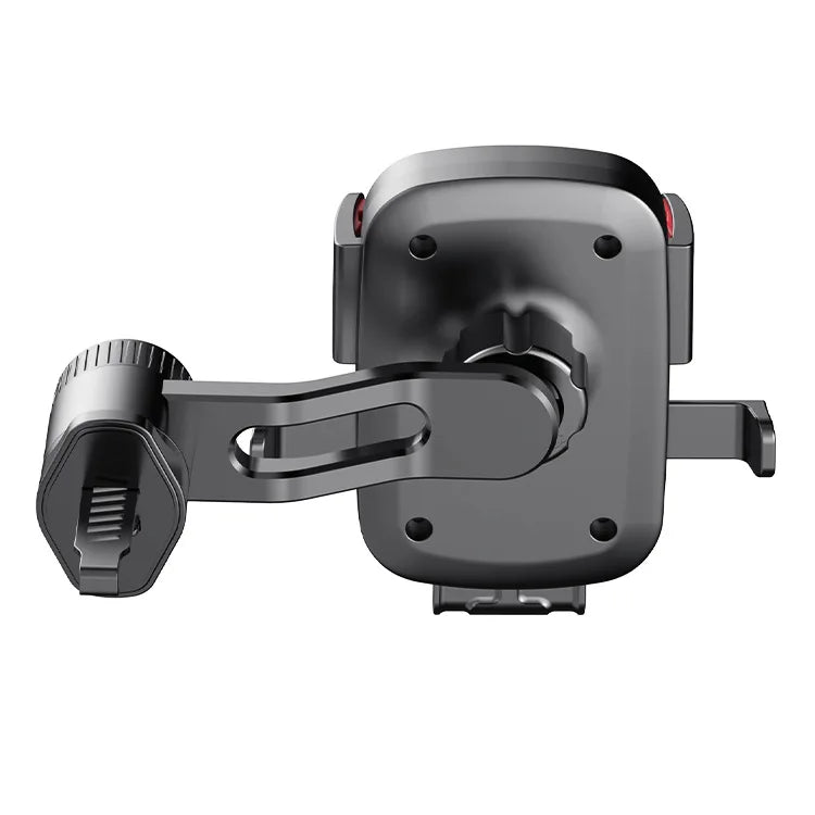 A black universal gravity car phone holder with a hook clip mounted on a clamp.