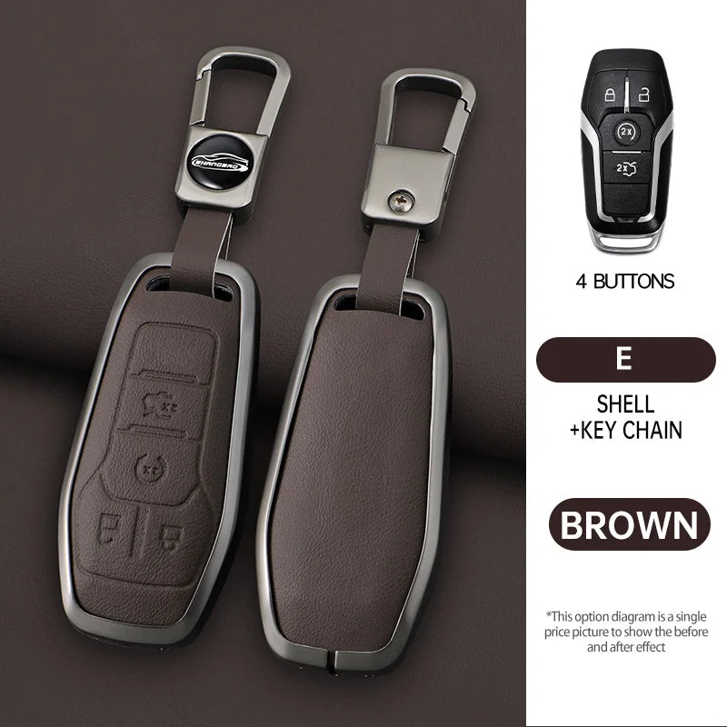 A brown leather key case with a metal key chain and four buttons shown next to the product.
