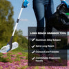A person is using a long reach grabber tool with an aluminum alloy subject in a garden setting.