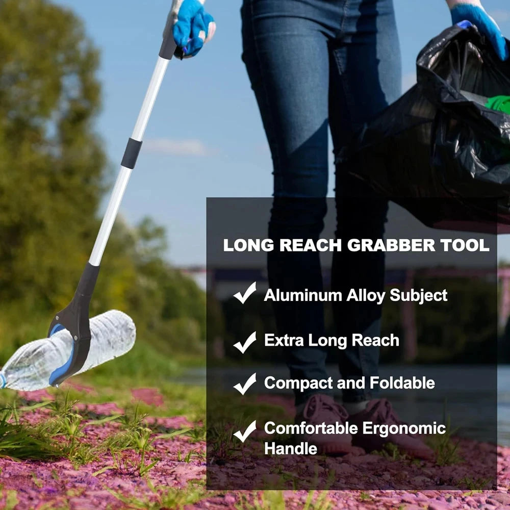 A person is using a long reach grabber tool with an aluminum alloy subject in a garden setting.