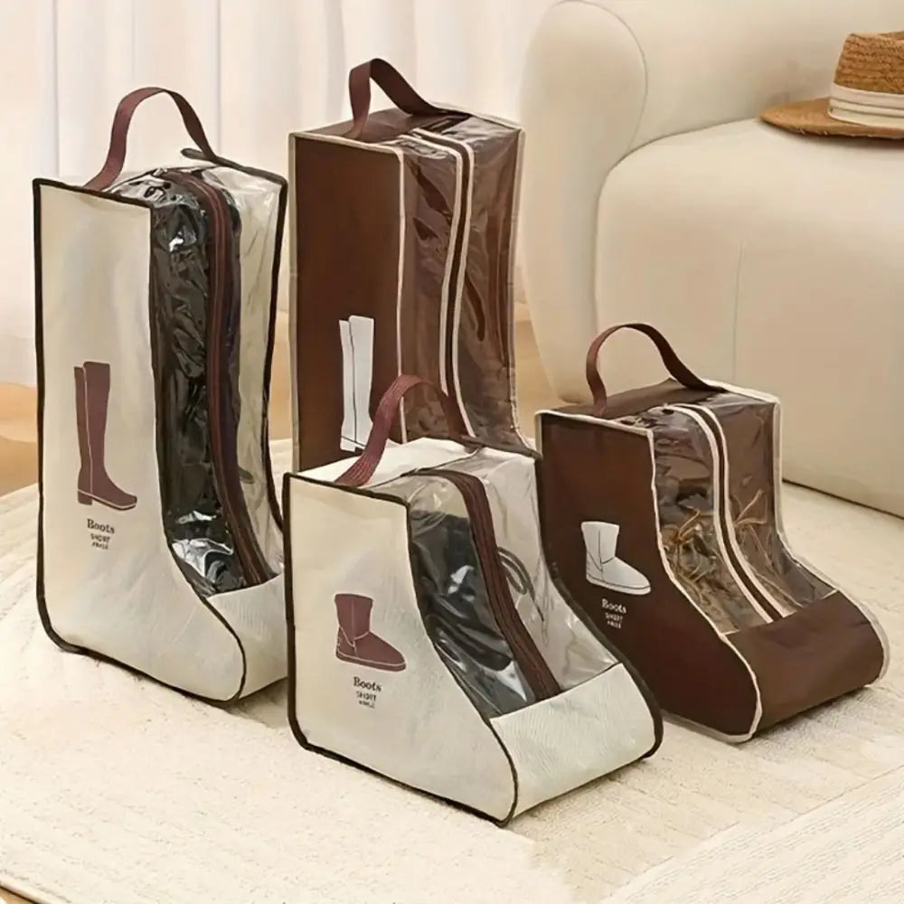 A set of brown and white waterproof boot storage bags with transparent windows displayed on a light surface.