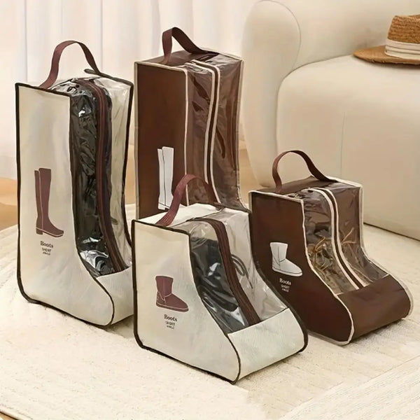 A set of brown and white waterproof boot storage bags with transparent windows displayed on a light surface.