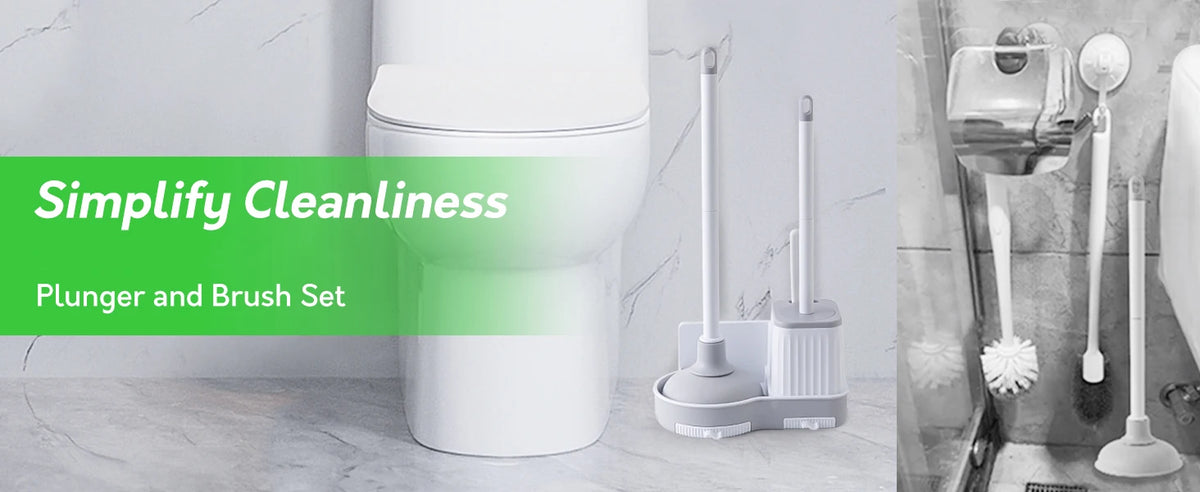 A white toilet features a mounted plunger and brush set with a holder for simplified cleaning.