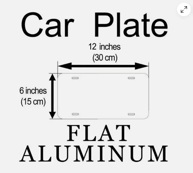 Flat aluminum car plate with dimensions of 12 inches by 6 inches.