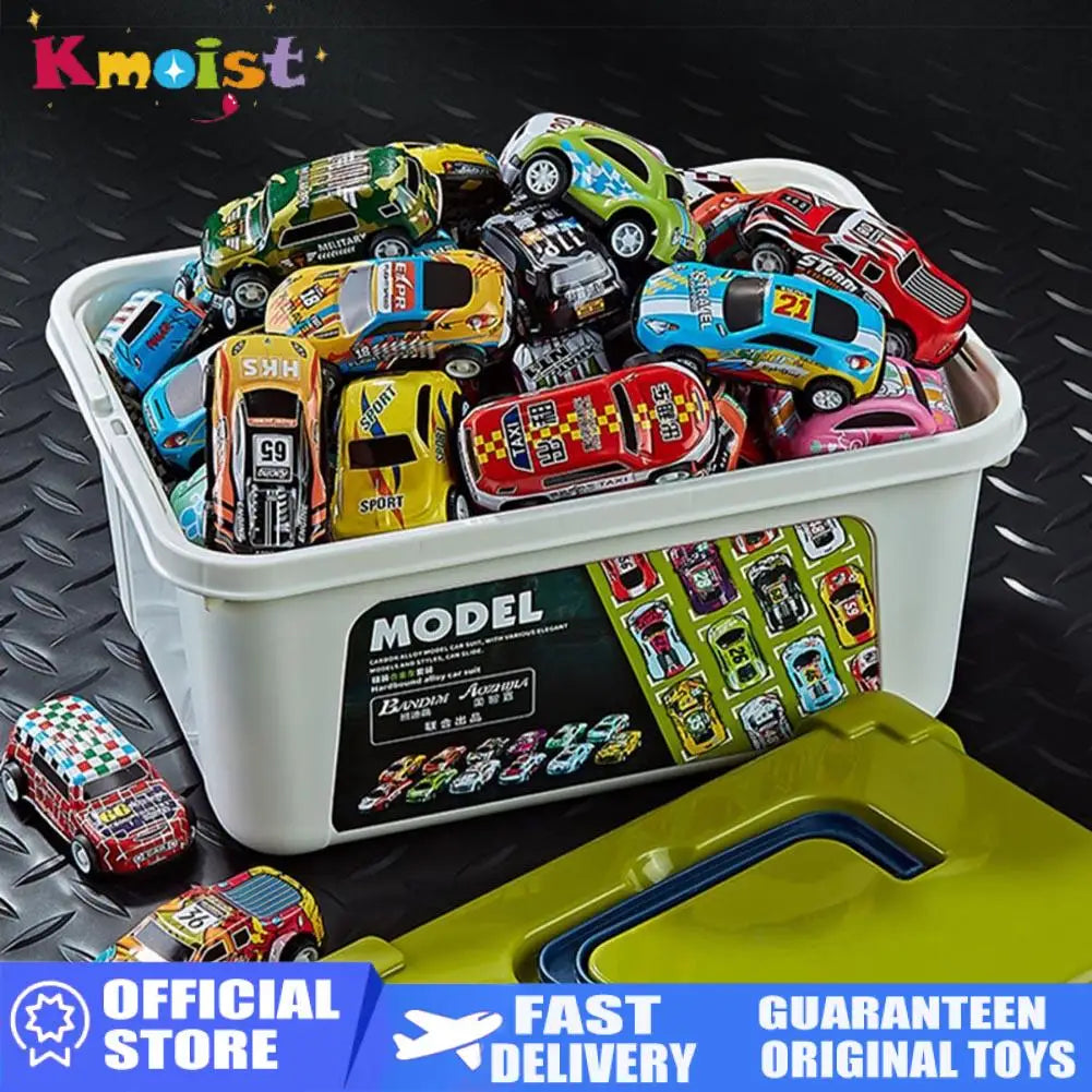 A collection of die-cast pull-back cars in various colors and models stored in a white plastic case.