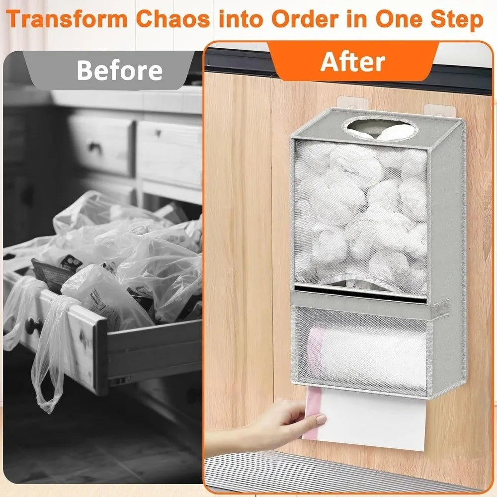 Before and after comparison of a wall-mounted bag holder dispenser for kitchen and pantry