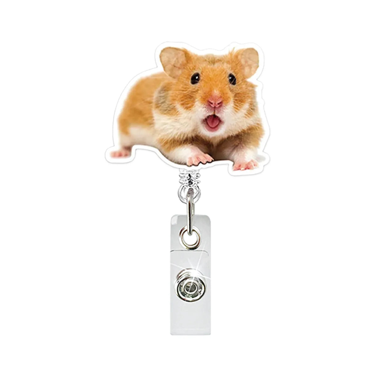 A cute, light brown hamster is attached to a retractable badge reel with an alligator clip.