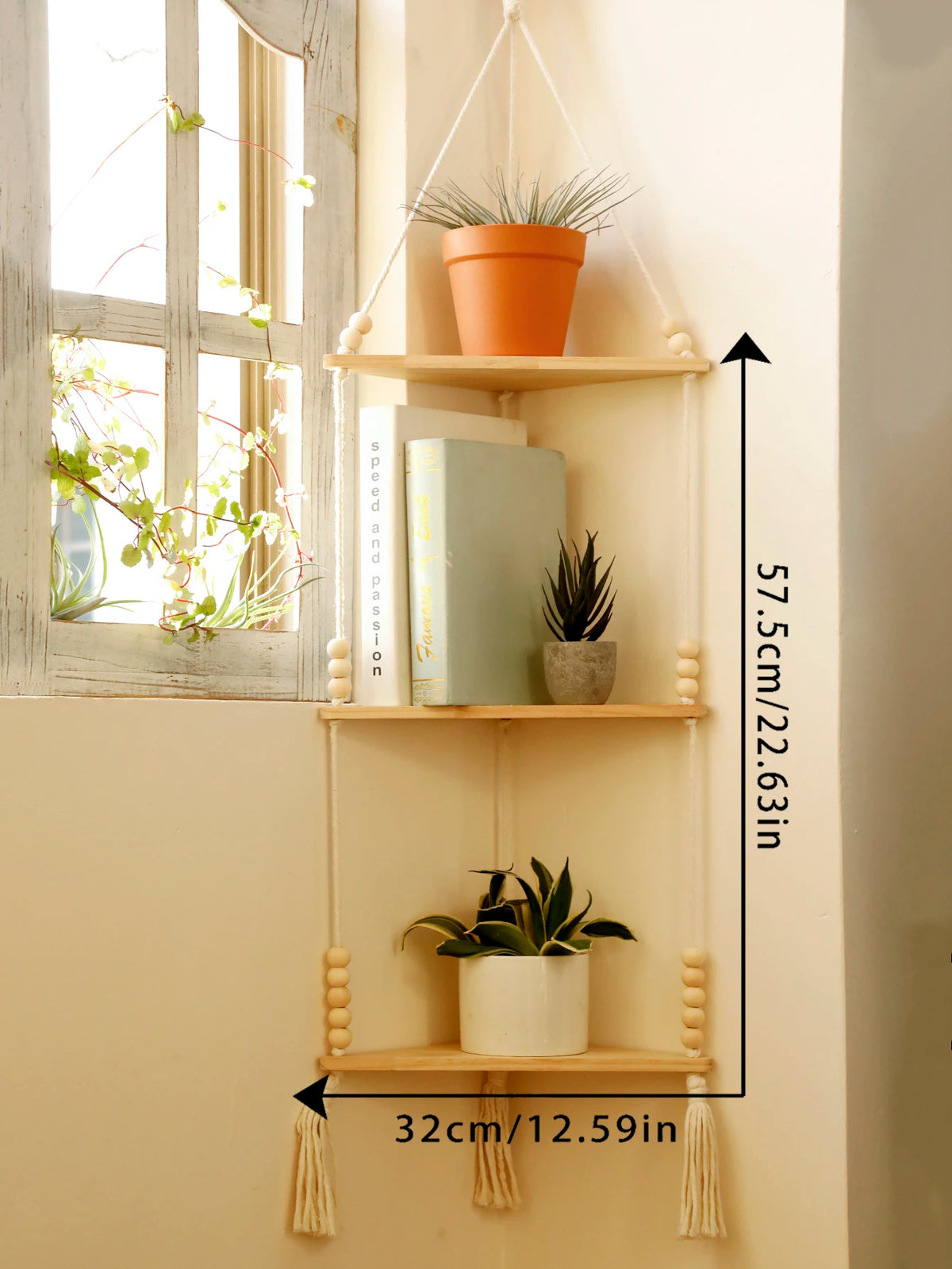 Triangle Wood Floating Wall Shelf with Macrame Rope