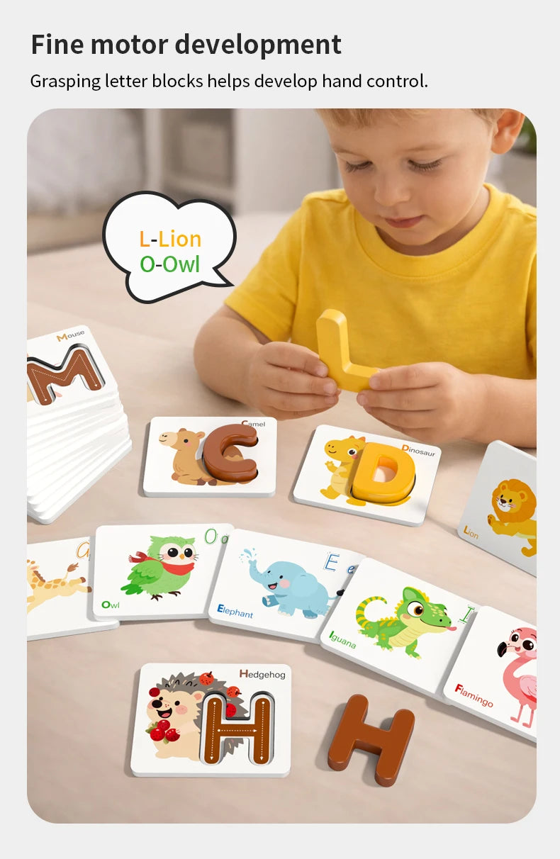 A child is using wooden letter blocks and cards to practice fine motor skills and spelling.