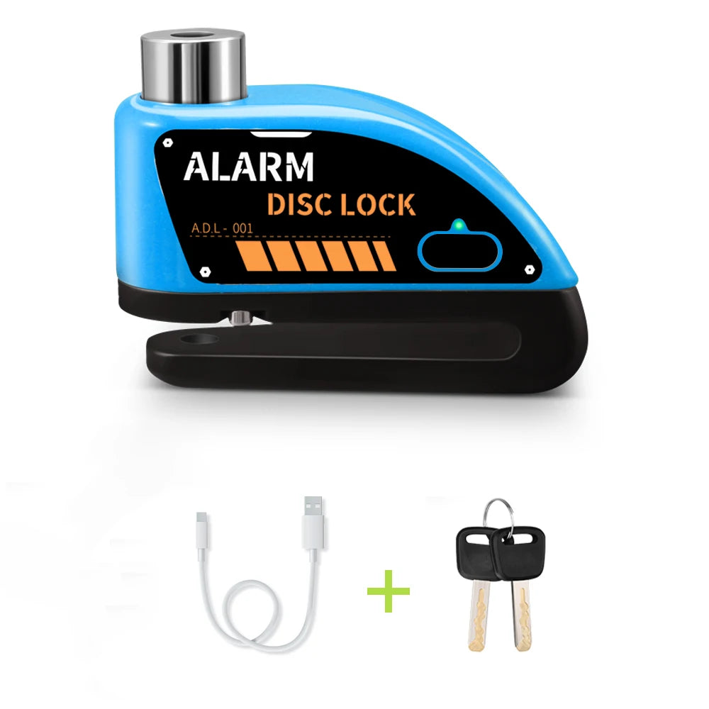 A blue motorcycle disc brake lock device with an alarm feature and a cable and key shown below.