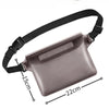 A gray waterproof phone pouch with a black strap is shown, measuring 15cm by 22cm.