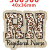 A set of leopard print acrylic nurse badge charms with the text Registered Nurse.