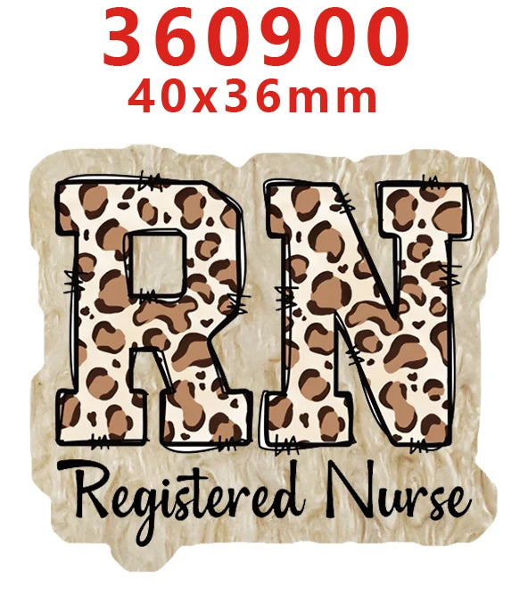 A set of leopard print acrylic nurse badge charms with the text Registered Nurse.