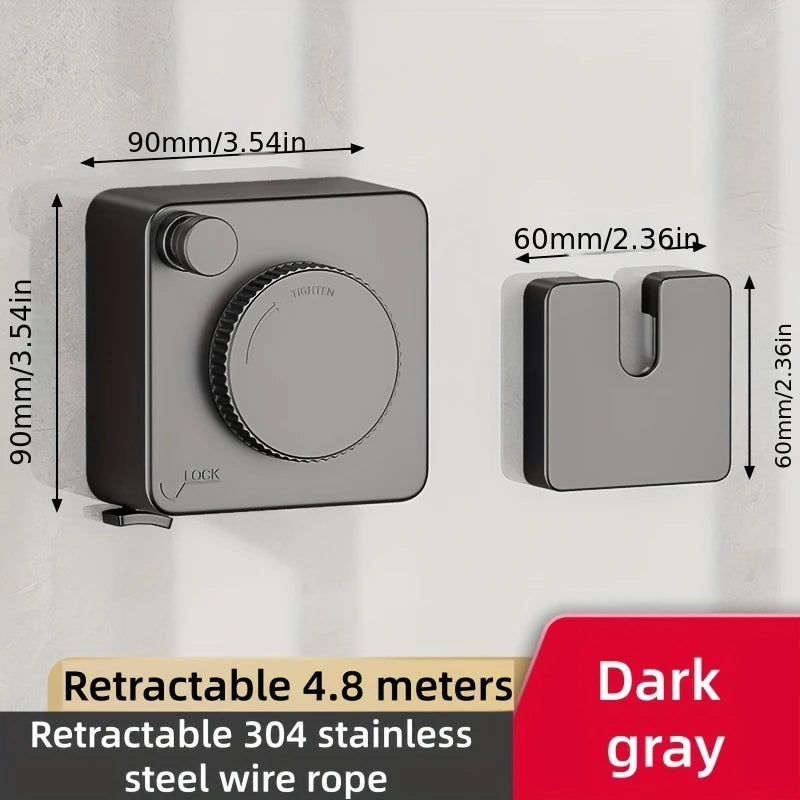 Dark gray retractable clothesline with a storage clip and stainless steel wire rope.