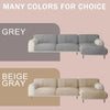 Two sofa options are shown: a grey velvet sofa and a beige-grey velvet sofa.
