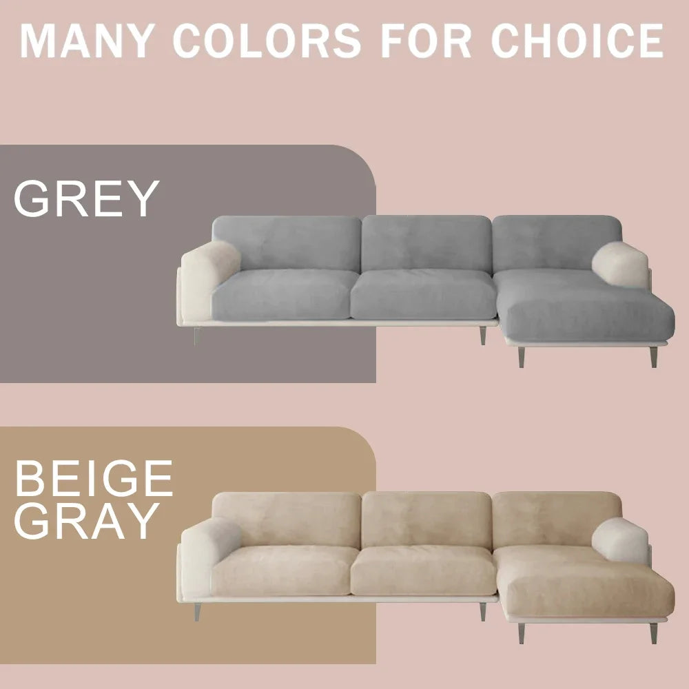 Two sofa options are shown: a grey velvet sofa and a beige-grey velvet sofa.