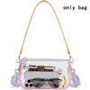 A clear PVC shoulder bag with a purple strap and sunglasses resting inside.
