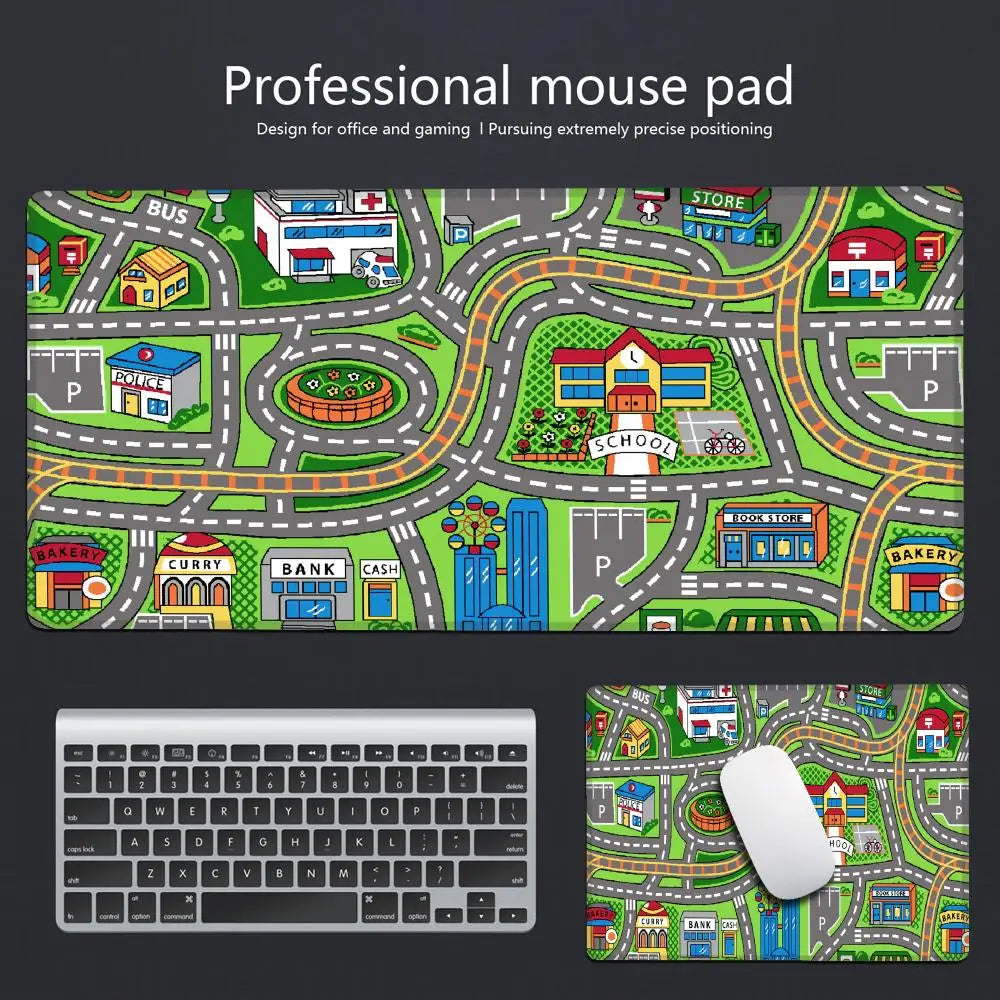 A professional mouse pad featuring a vintage city road design with buildings, roads, and various landmarks.