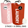 Two pink laundry hampers with hanging rods and a small bag are shown.