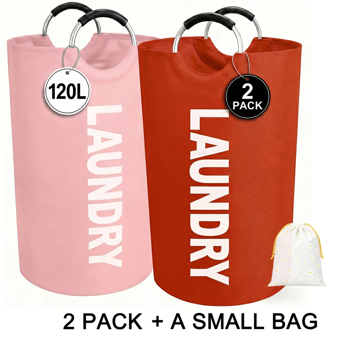 Two pink laundry hampers with hanging rods and a small bag are shown.