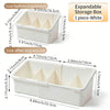 White expandable storage box for cosmetics with adjustable compartments shown before and after expansion.