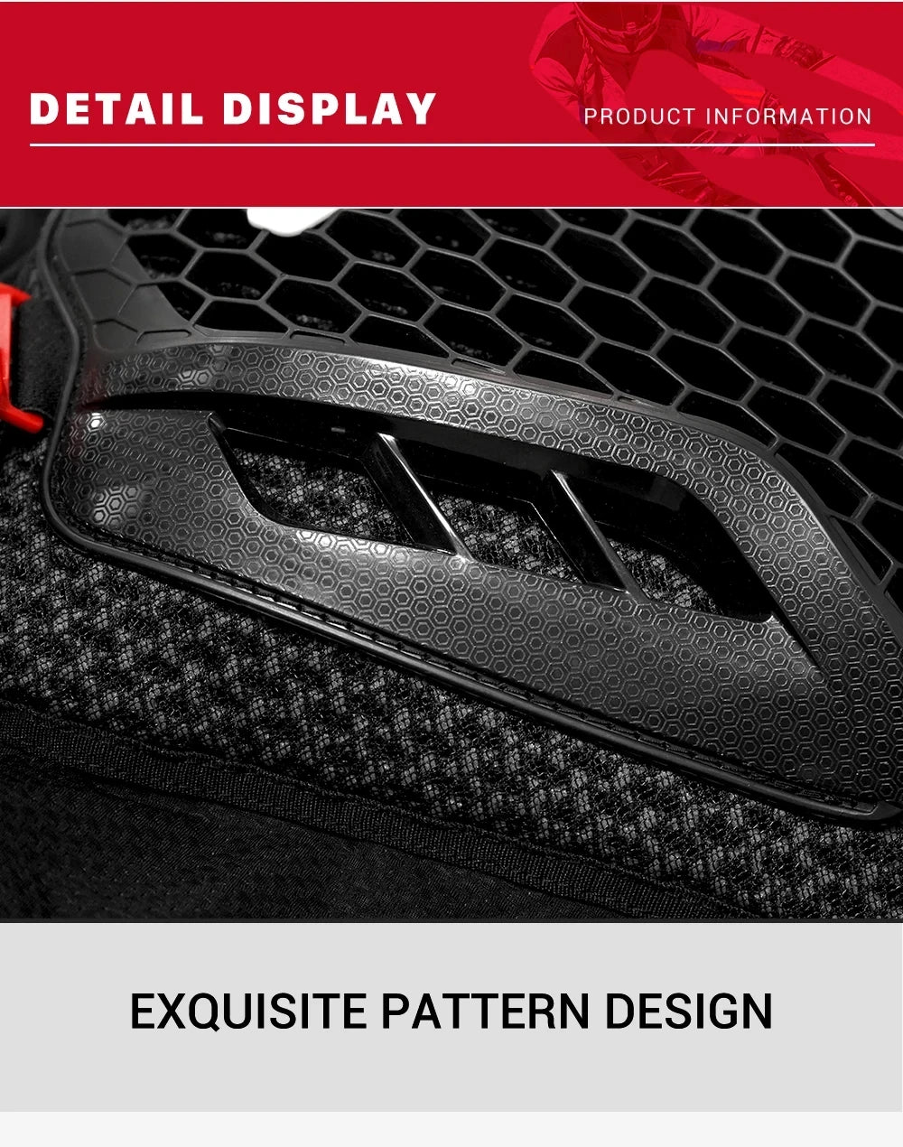 Detail display of black motocross armor jacket featuring an exquisite patterned design on the chest area.