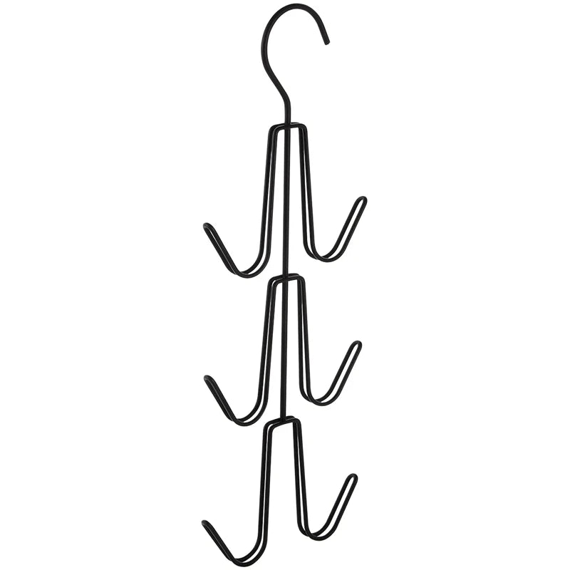Black rotatable 3-layer hanging organizer for hats, bags, and scarves.