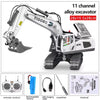 A YIGONG 11 channel alloy excavator toy set with a remote control and accessories.