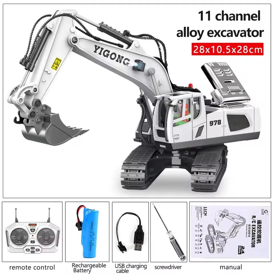 A YIGONG 11 channel alloy excavator toy set with a remote control and accessories.