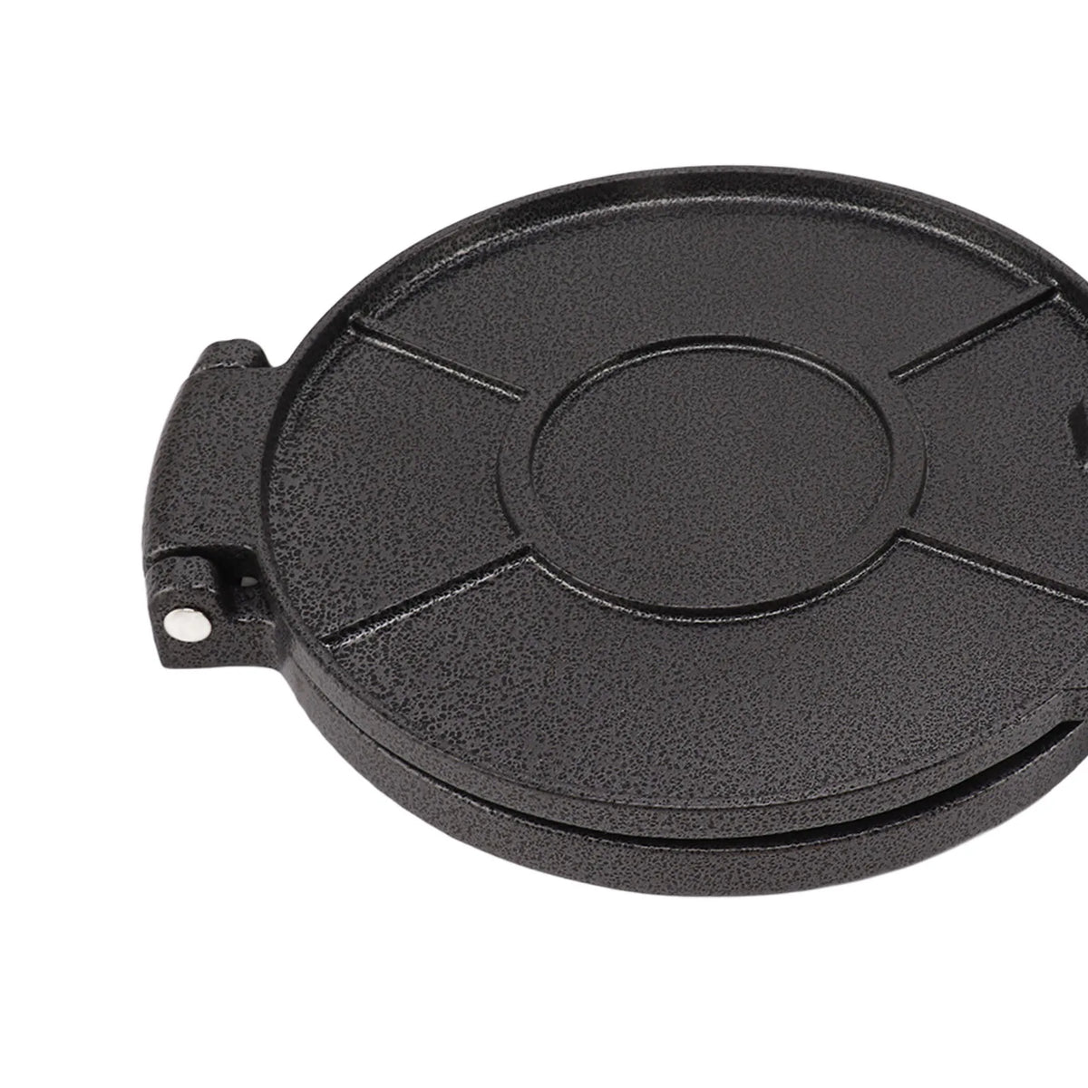 A black manual aluminum tortilla press with a circular plate and mounting holes.